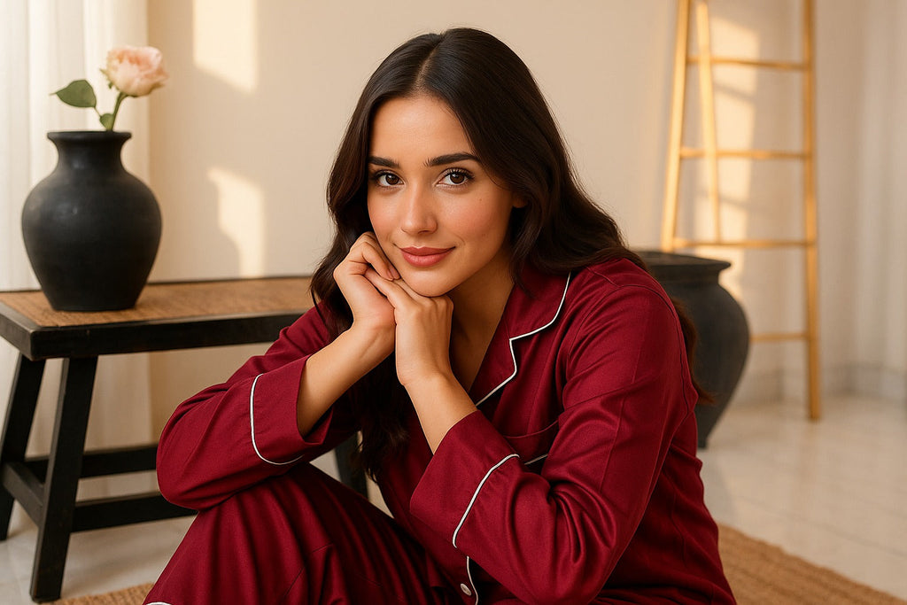 Buy Silk PJ Set With Scrunchie - Maroon in Pakistan