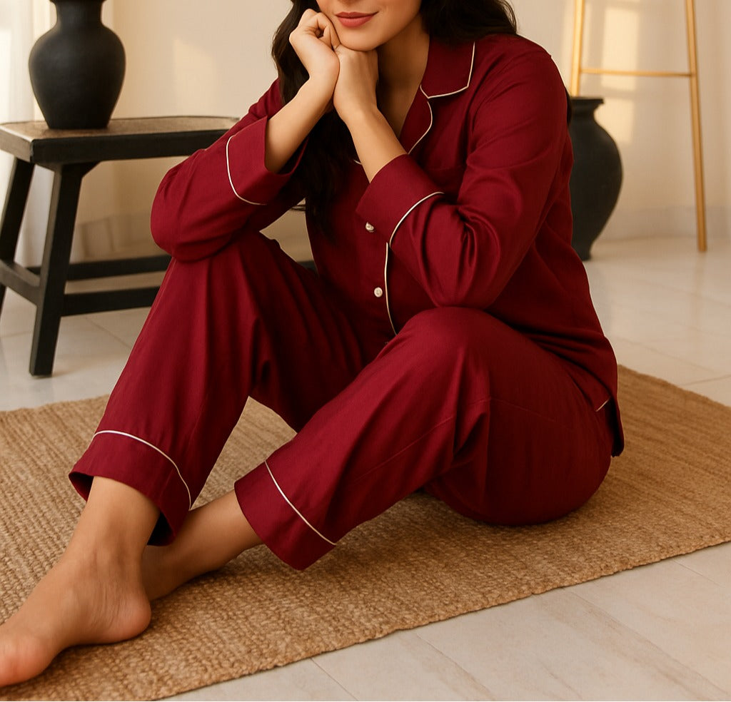 Buy Silk PJ Set With Scrunchie - Maroon in Pakistan