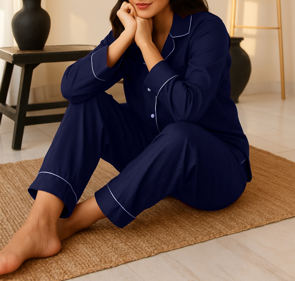 Buy Silk PJ Set With Scrunchie - Navy Blue in Pakistan