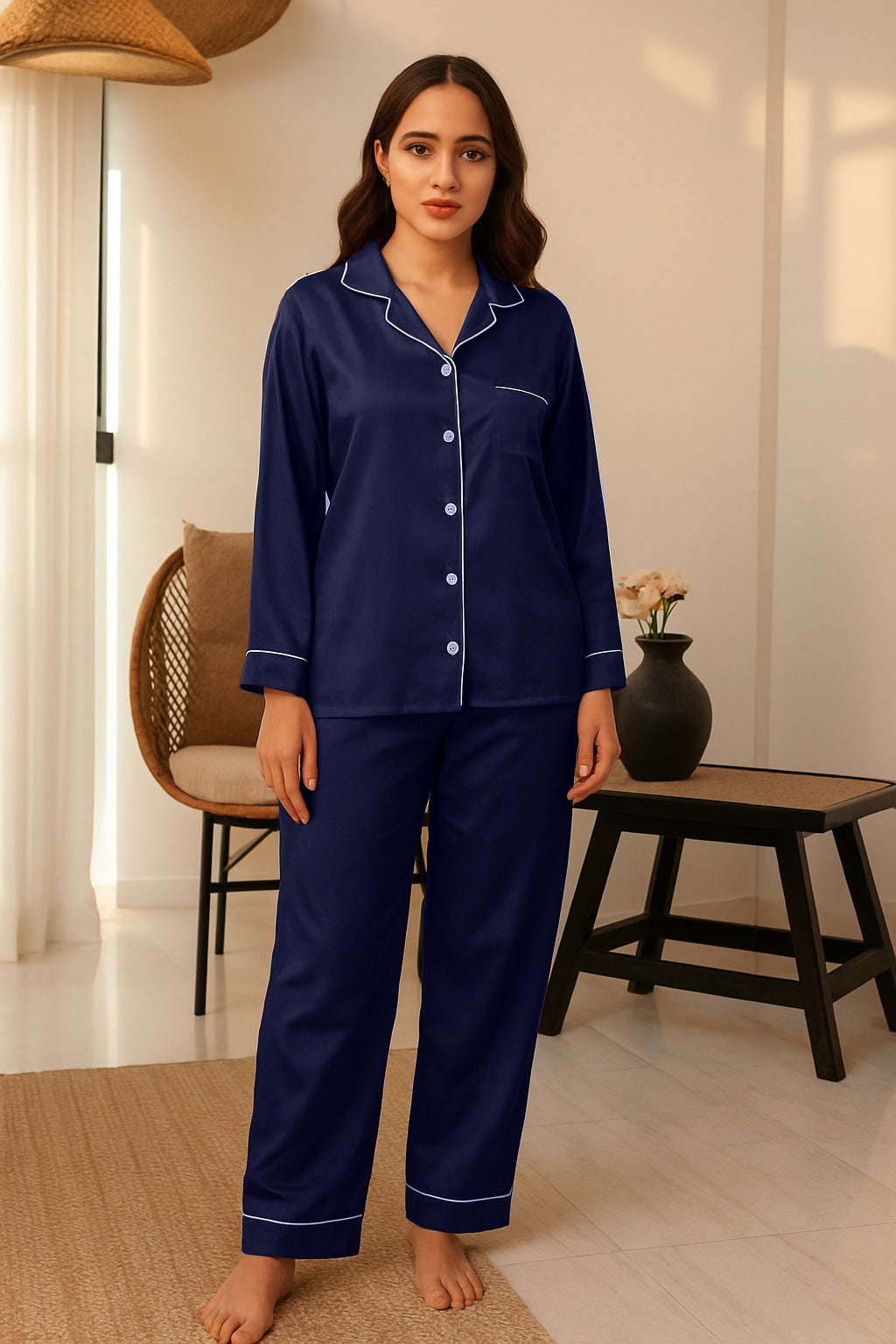 Buy Silk PJ Set With Scrunchie - Navy Blue in Pakistan