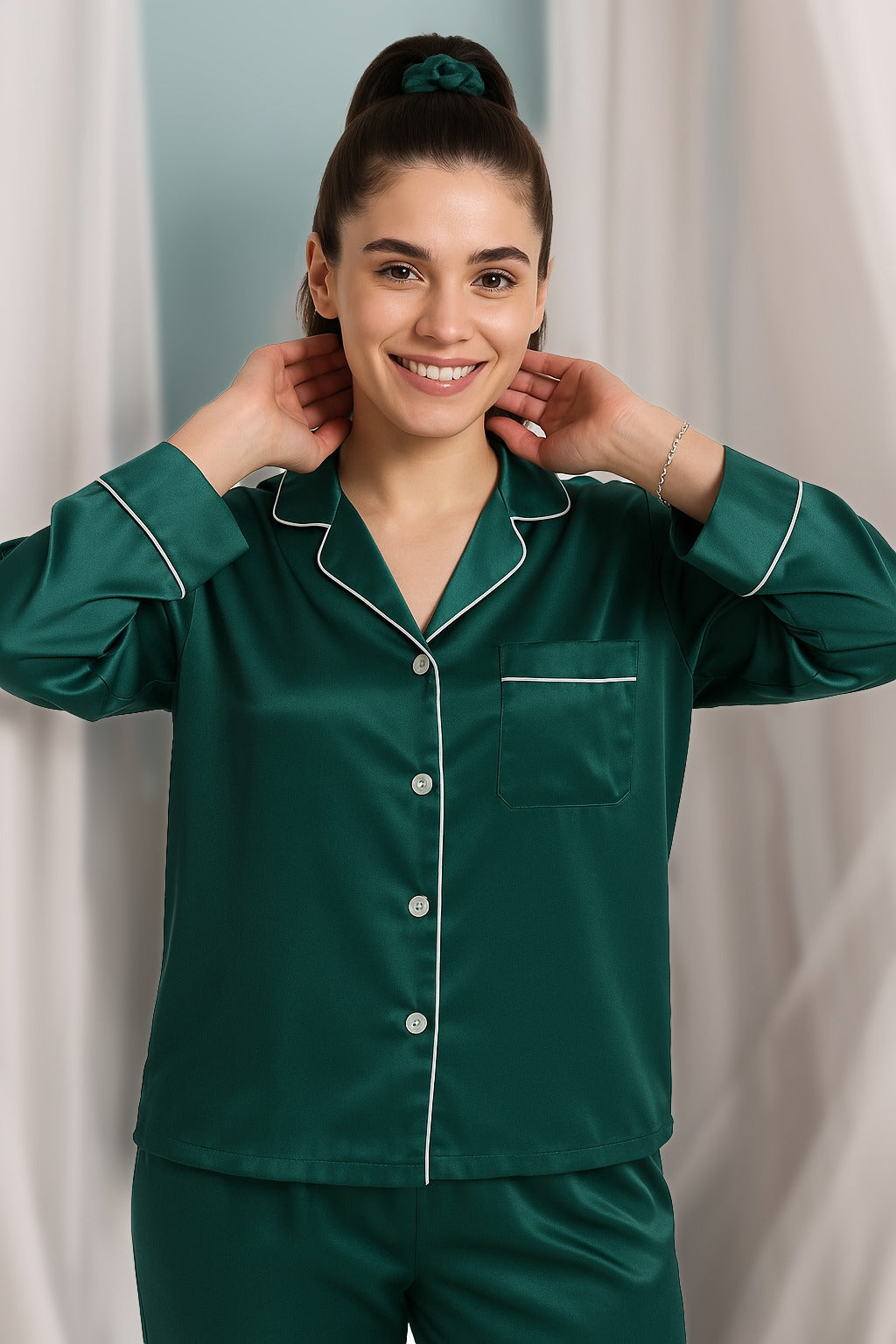 Buy Silk PJ Set With Scrunchie - Green in Pakistan