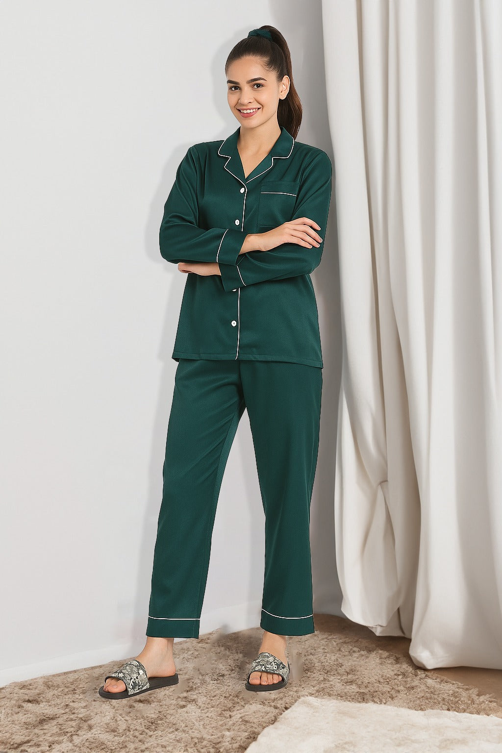 Buy Silk PJ Set With Scrunchie - Green in Pakistan